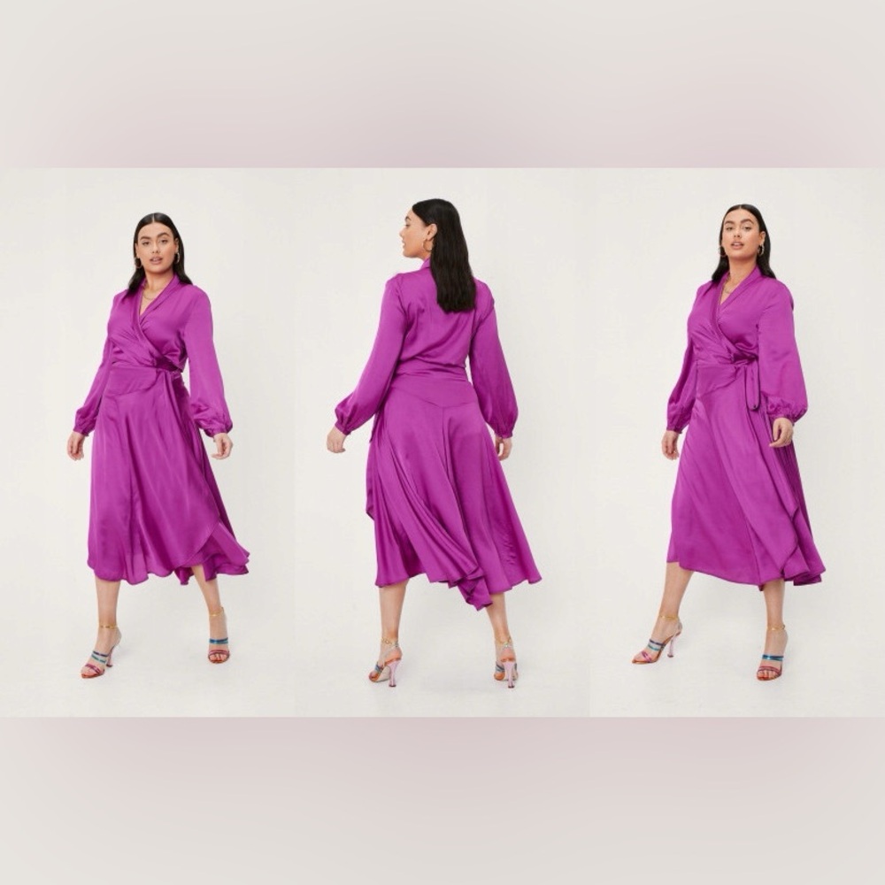 Nasty Gal Steal Spotlight BarbieCore Pink Satin Wrap Dress wedding guest plus 24